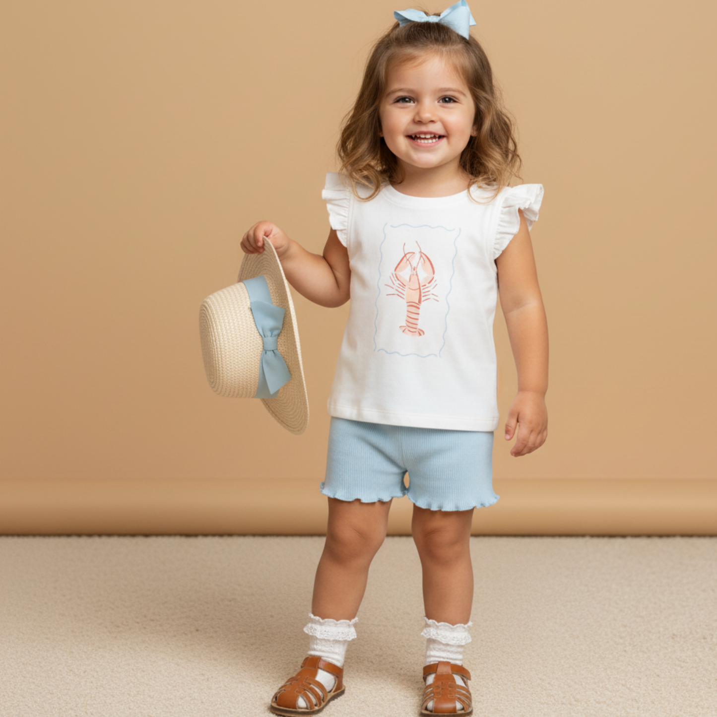 Organic Cotton Sleeveless Flutter Top & Shorts Set - Lobster