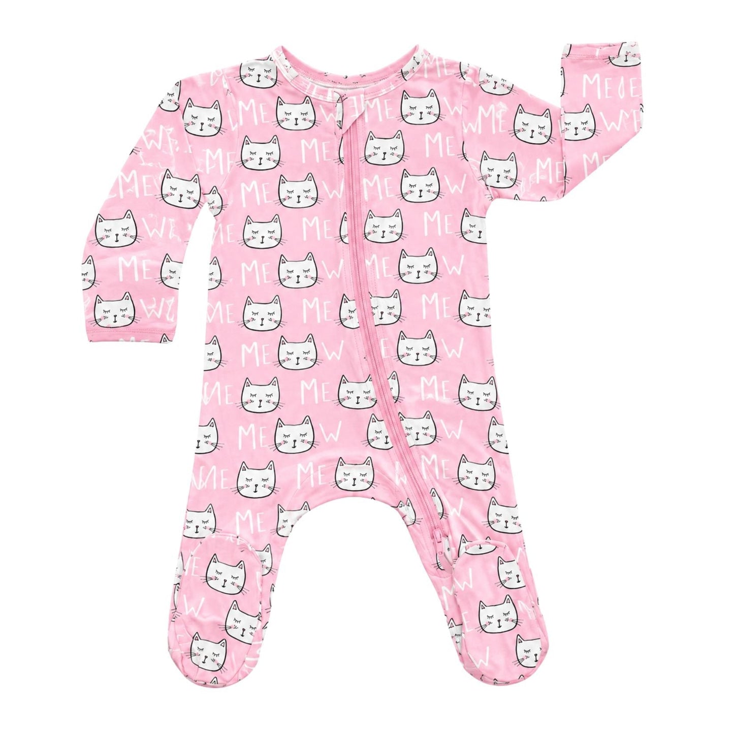 Pink baby onesie with cat pattern on a white background