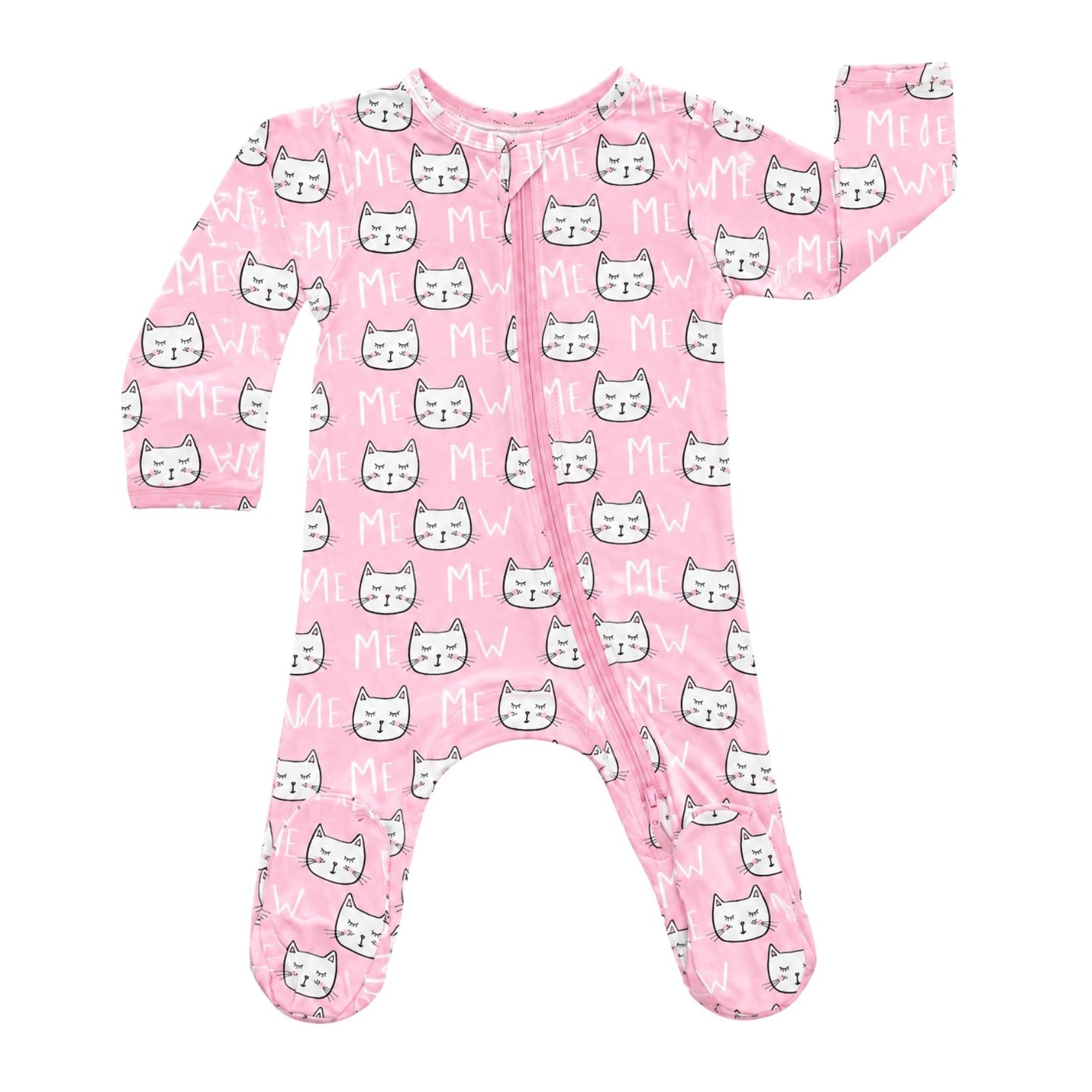Pink baby onesie with cat pattern on a white background