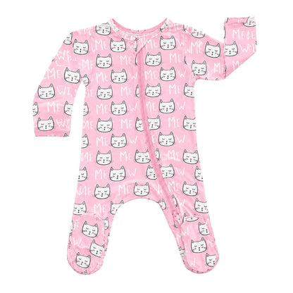 Pink baby onesie with cat pattern on a white background