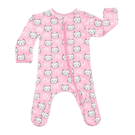 Pink baby onesie with cat pattern on a white background