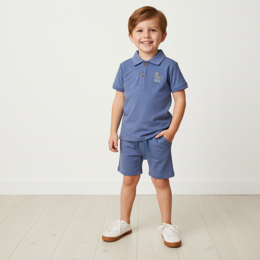 Organic Cotton Polo Shirt & Shorts Set - Slate