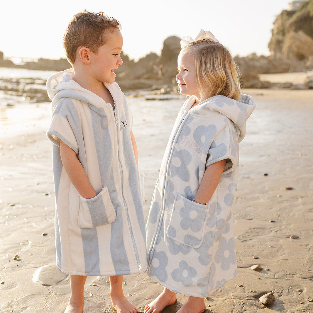 Kids Organic Cotton Zip-Up Beach Poncho - Seaside Stripe | Mebie Baby