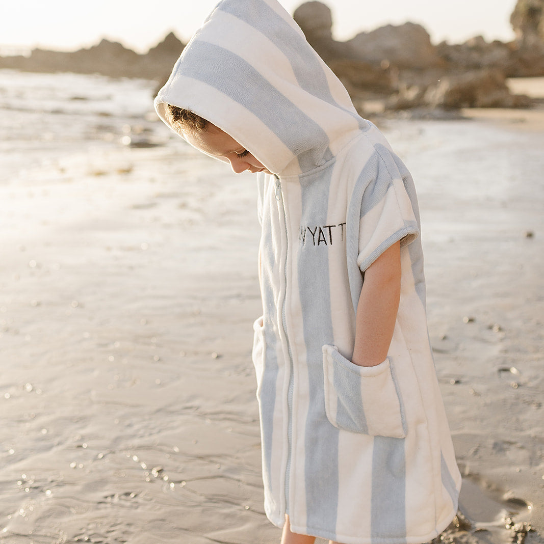 Kids Organic Cotton Zip-Up Beach Poncho - Seaside Stripe | Mebie Baby
