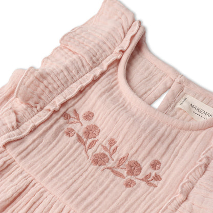 Organic Cotton Muslin Embroidered Tiered Dress - Blush