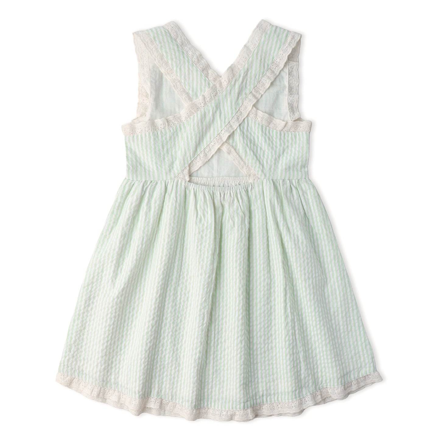 Organic Cotton Seersucker Cross Back Dress - Basil Stripes
