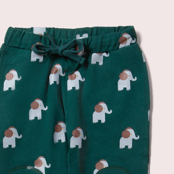 Little Green Radicals organic Cozy joggers- elephants, closeup