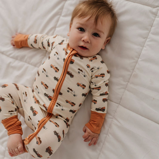 Bamboo Long Sleeve Zip Romper - Pumpkin Trucks