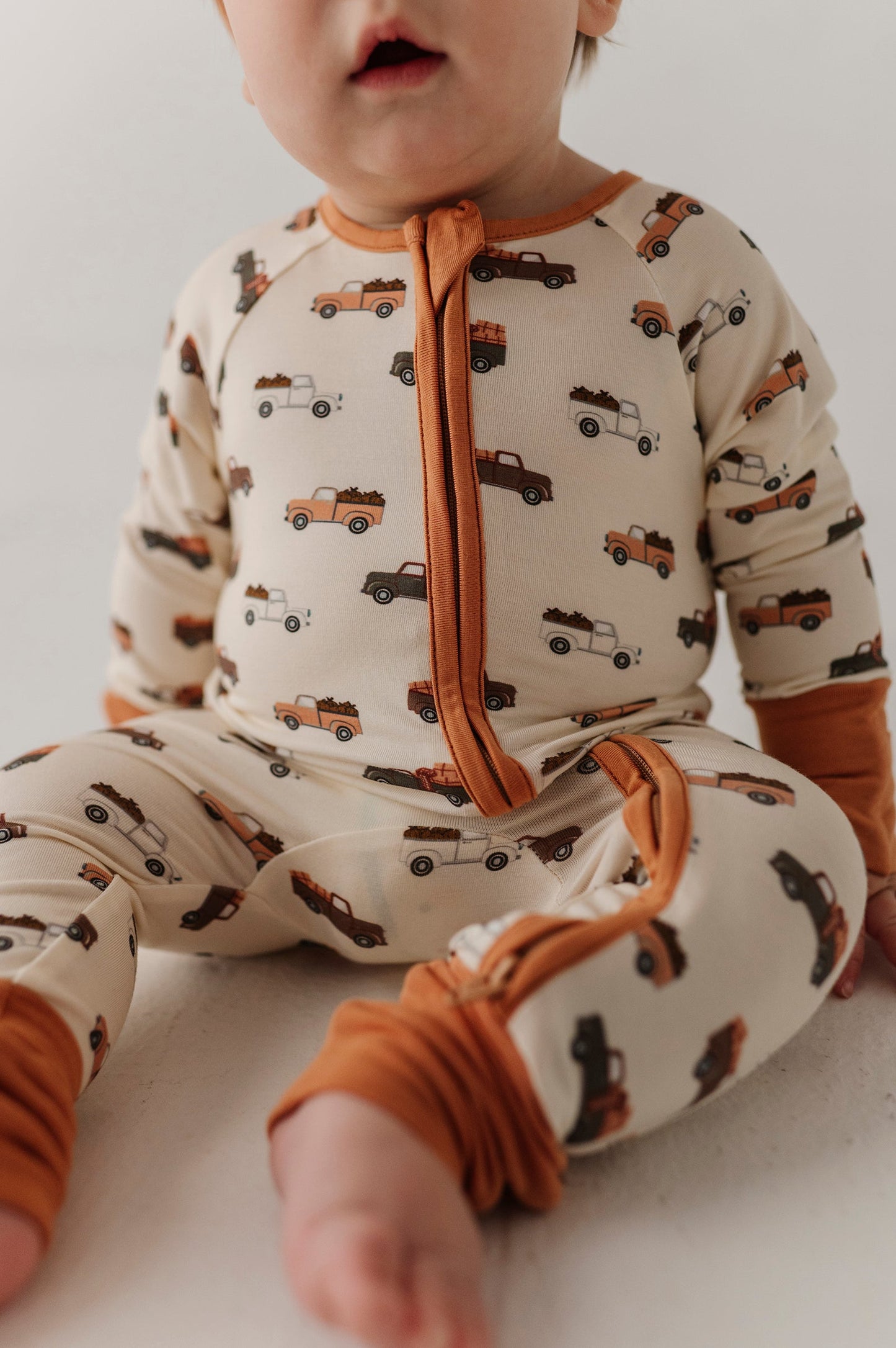 Bamboo Long Sleeve Zip Romper - Pumpkin Trucks
