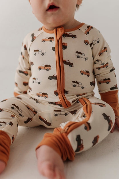 Bamboo Long Sleeve Zip Romper - Pumpkin Trucks