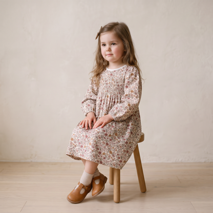 Organic Smocked Long Sleeve Dress - Woodland Sprig