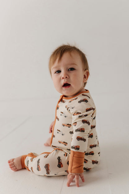 Bamboo Long Sleeve Zip Romper - Pumpkin Trucks