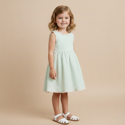 Organic Cotton Seersucker Cross Back Dress - Basil Stripes