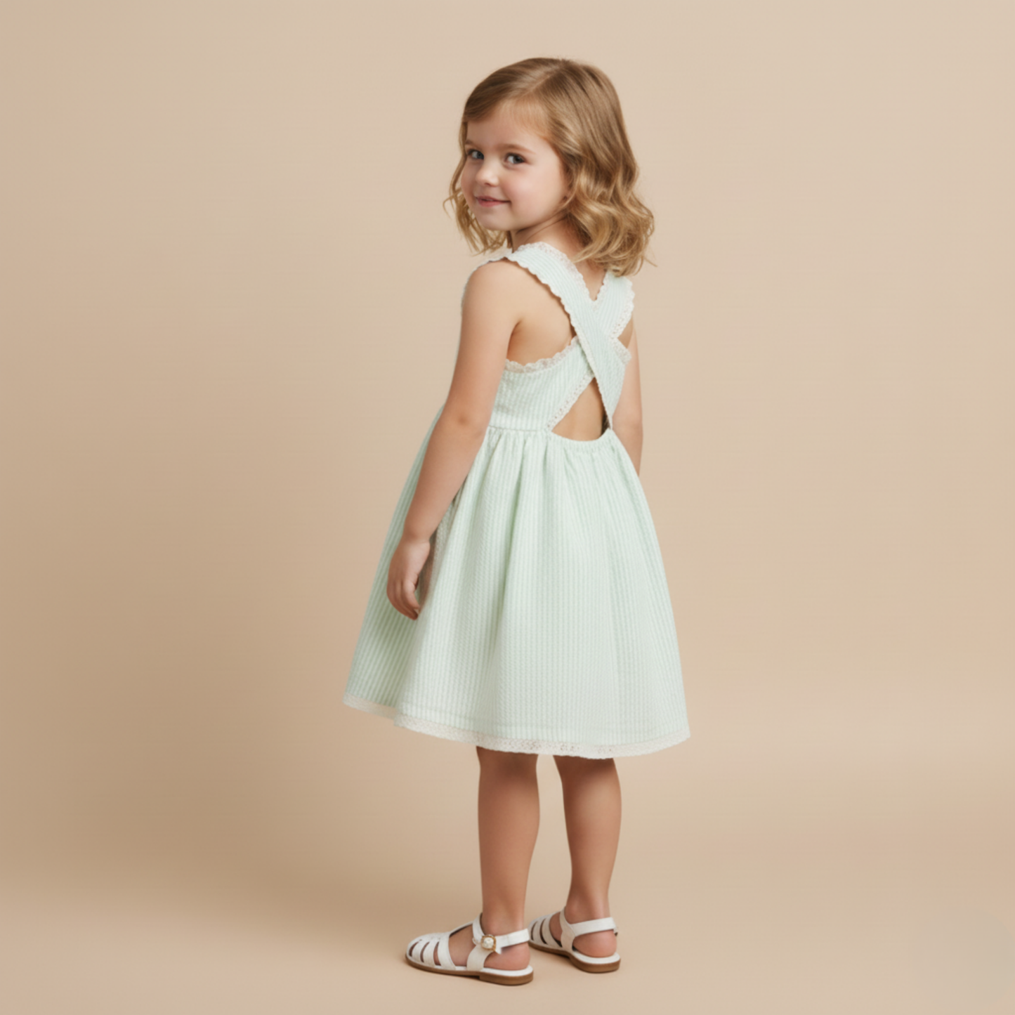 Organic Cotton Seersucker Cross Back Dress - Basil Stripes