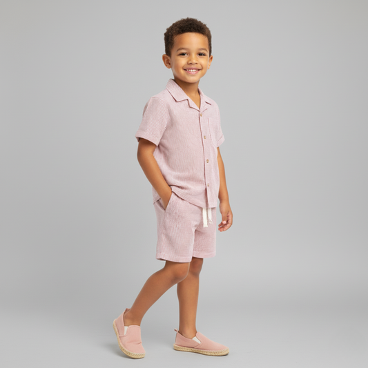 Organic Cotton Seersucker Shirt & Shorts Set - Coral Stripes