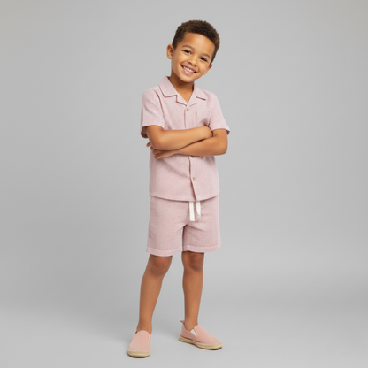 Organic Cotton Seersucker Shirt & Shorts Set - Coral Stripes