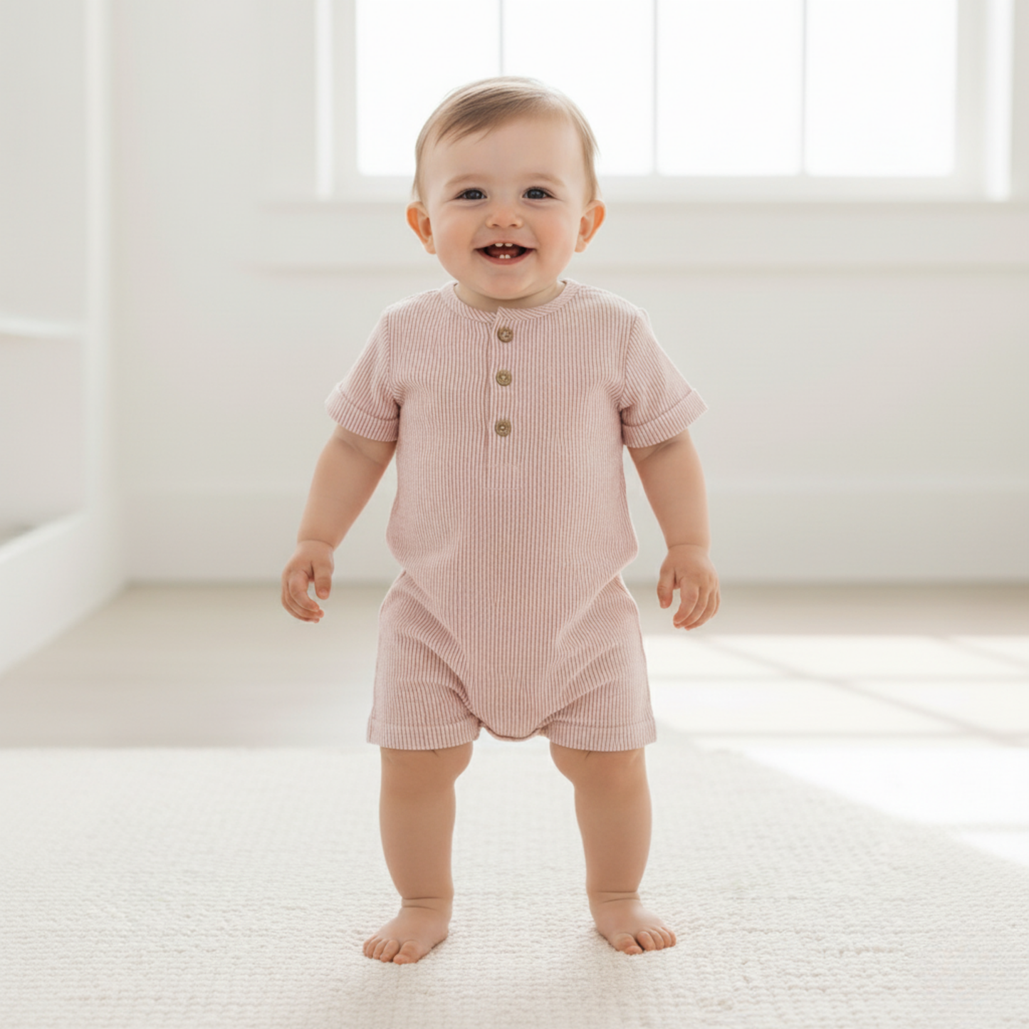 Organic Cotton Seersucker Bubble Romper - Coral Stripes