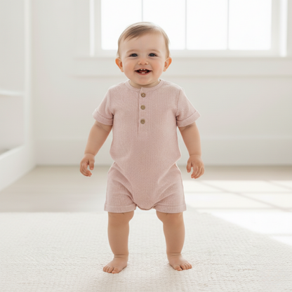 Organic Cotton Seersucker Bubble Romper - Coral Stripes