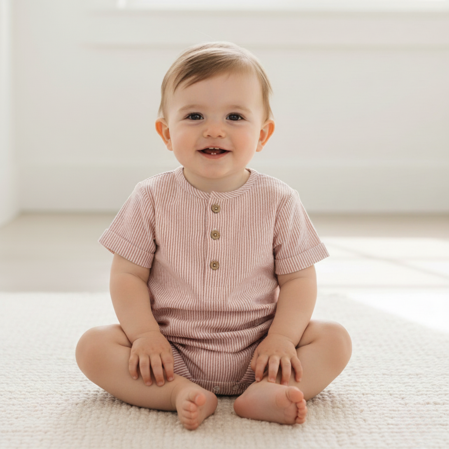 Organic Cotton Seersucker Bubble Romper - Coral Stripes
