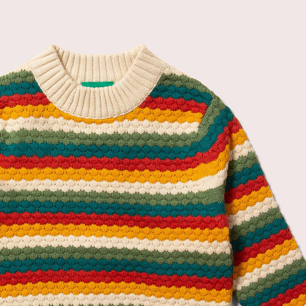 Little Green Radicals organic Knit sweater- honeycomb rainbow striped, closeup