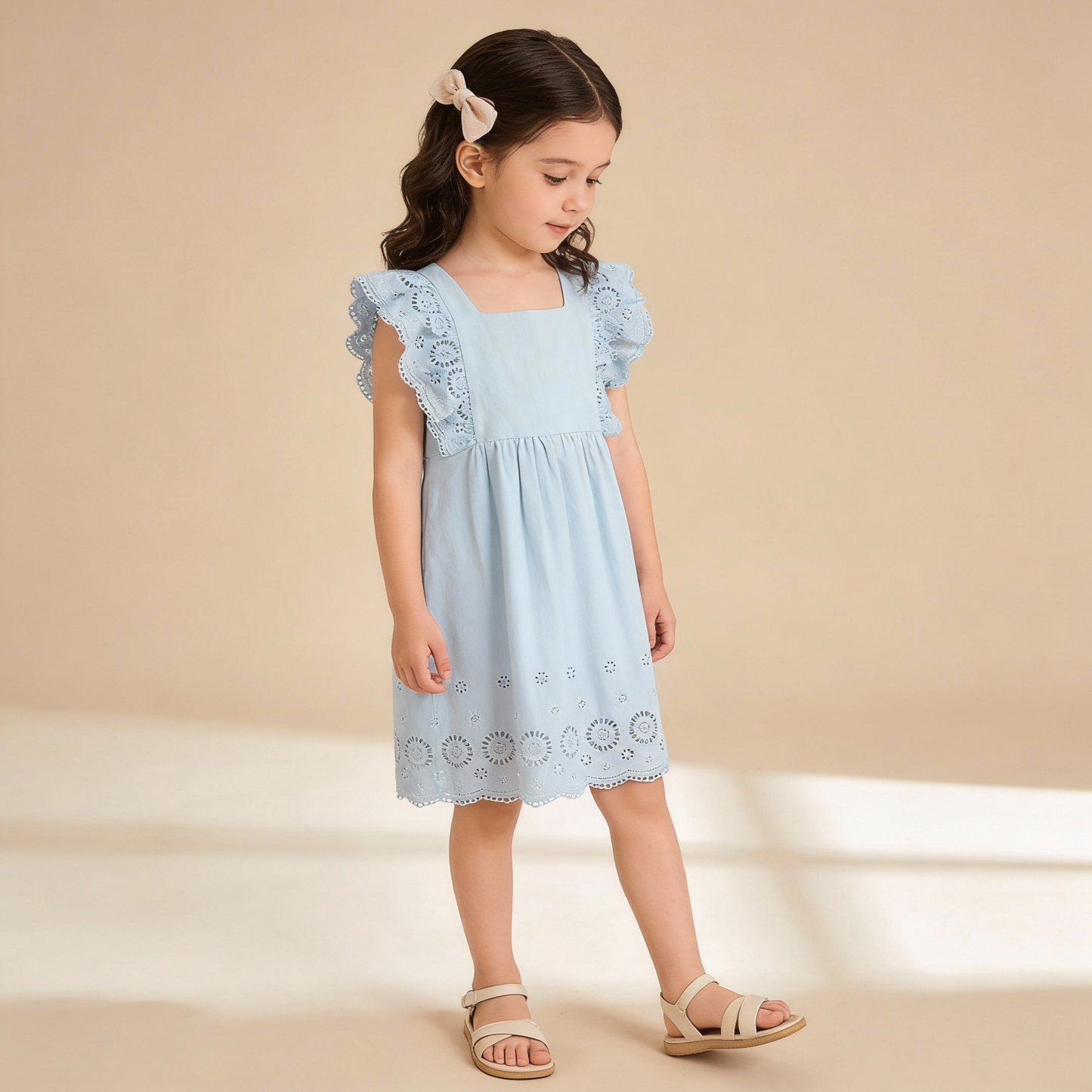 Organic Cotton Eyelet Flutter Dress - Light Blue