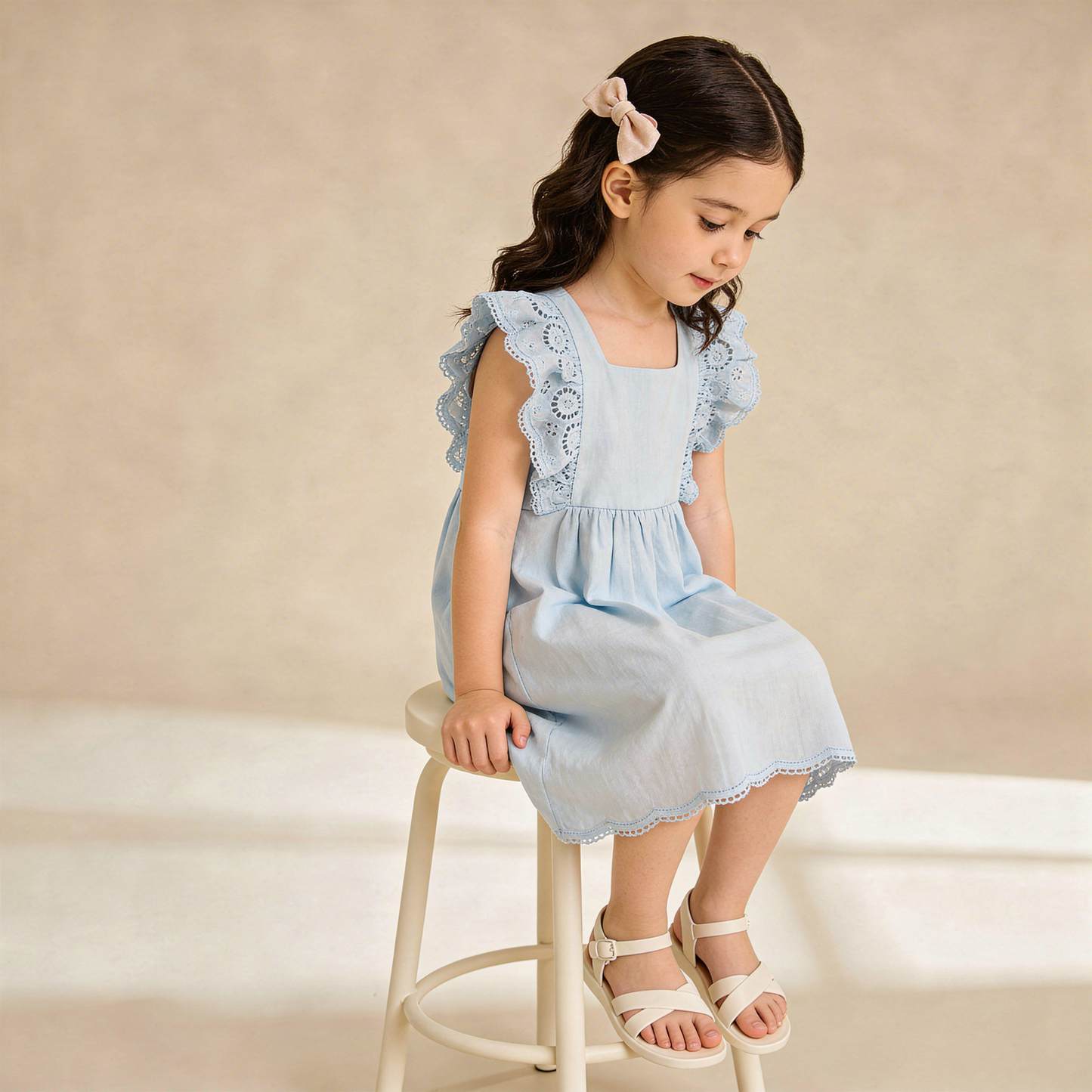 Organic Cotton Eyelet Flutter Dress - Light Blue