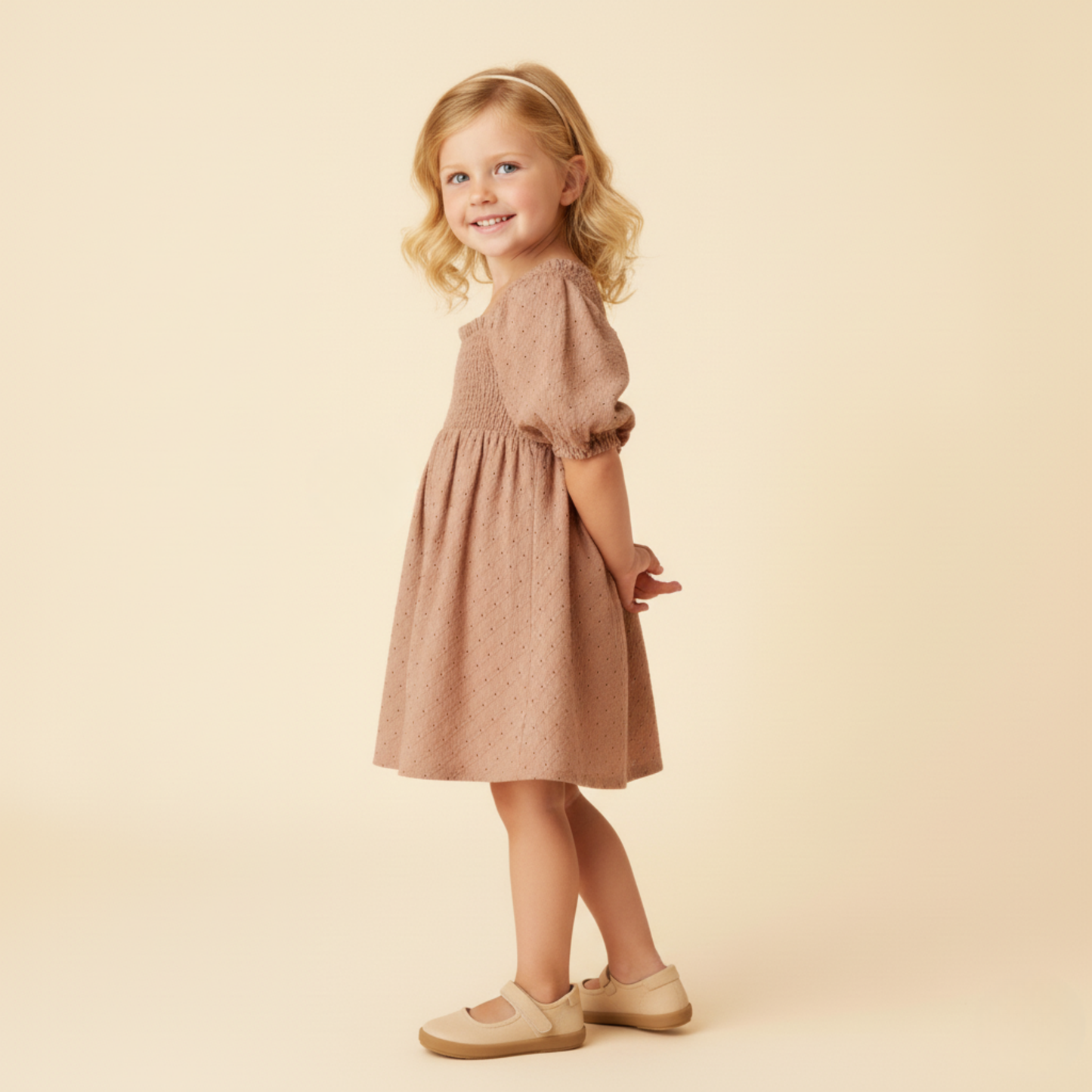 Organic Cotton Eyelet Bubble Sleeve Dress - Clay
