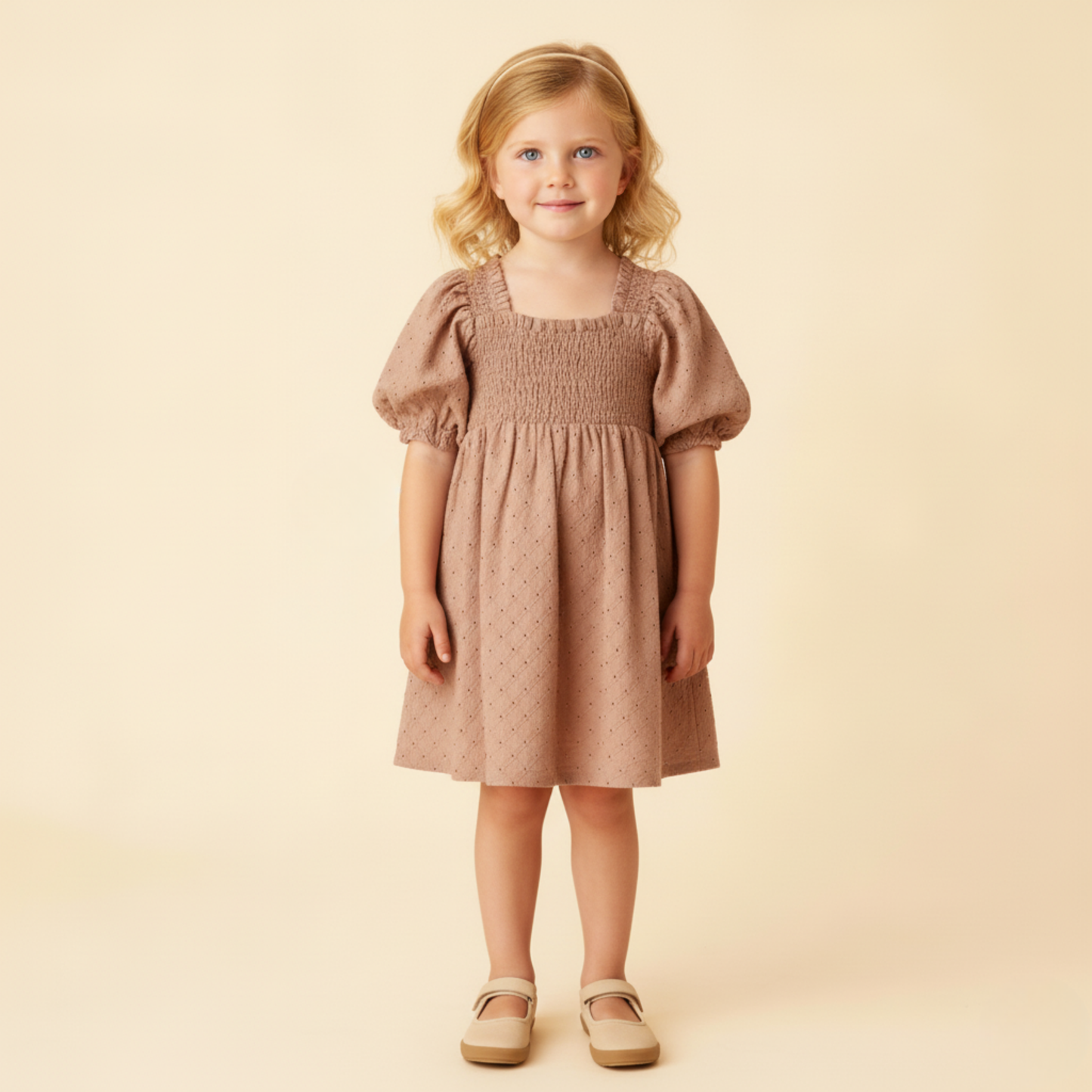 Organic Cotton Eyelet Bubble Sleeve Dress - Clay