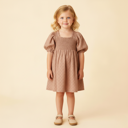 Organic Cotton Eyelet Bubble Sleeve Dress - Clay