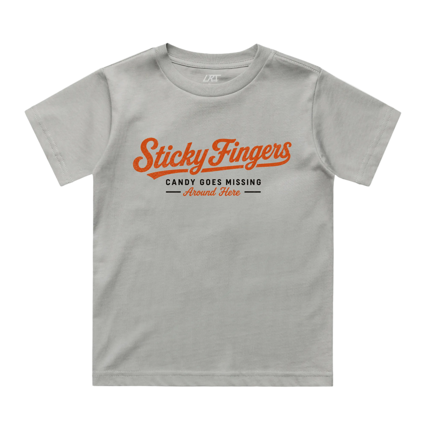 A light gray short-sleeve t-shirt with a retro-style orange graphic reading 'Sticky Fingers' and smaller text 'CANDY GOES MISSING Around Here' on the front, displayed against a light gray background.
