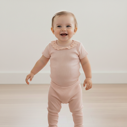 Organic Cotton Lace Collar Bodysuit & Leggings Set - Blush