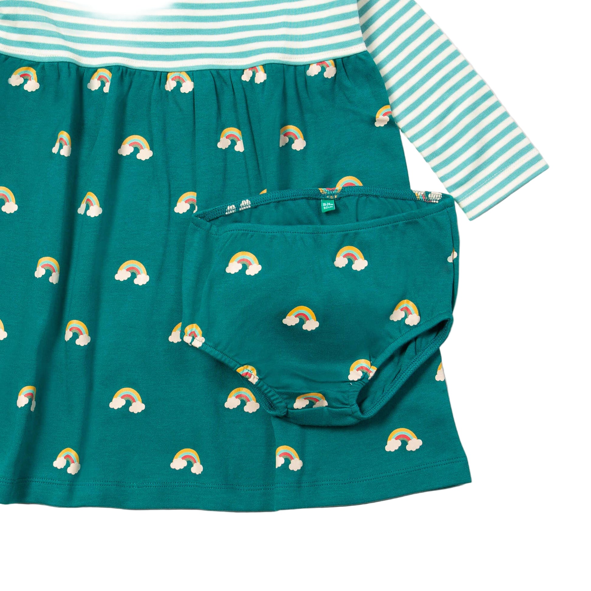 Little Green Radicals Organic Girls' Long-Sleeved Dress- Turquoise Rainbows