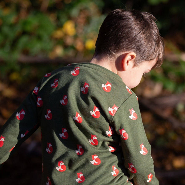 Boy wearing Little Green Radicals organic T-shirt & jogger playset- little fox