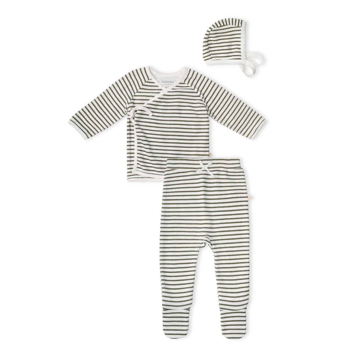 Organic Cotton Kimono Top & Footed Pants Set - Olive Stripes