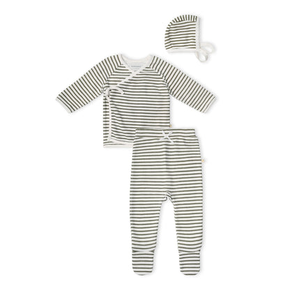 Organic Cotton Kimono Top & Footed Pants Set - Olive Stripes