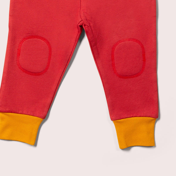 Little Green Radicals organic Joggers- soft red, closeup