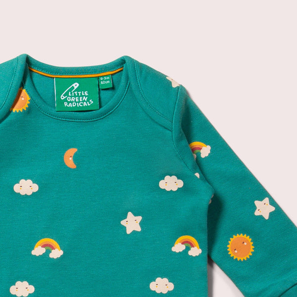 Little Green Radicals organic Long sleeved bodysuit set- turquoise skies, closeup