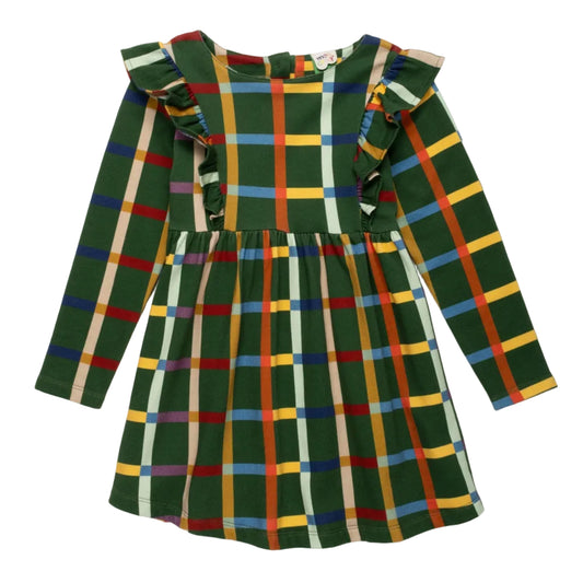 Mon Coeur Organic Cotton Ruffle Dress - Fall Grid