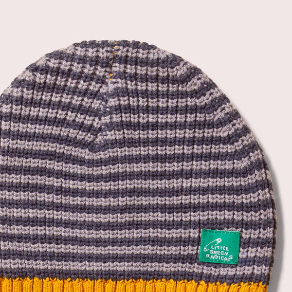 Little Green Radicals Organic Knitted hat- dreamy blue striped, closeup