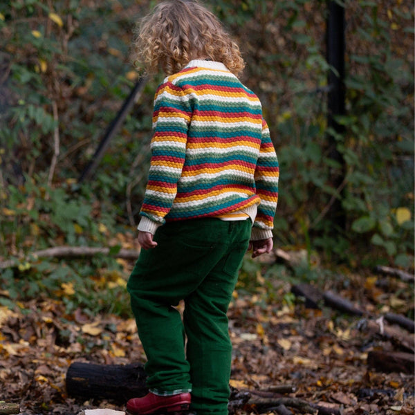 Boy wearing Little Green Radicals organic Knit sweater- honeycomb rainbow striped