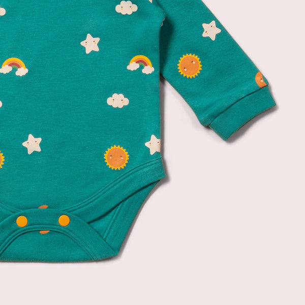 Little Green Radicals organic Long sleeved bodysuit set- turquoise skies, closeup