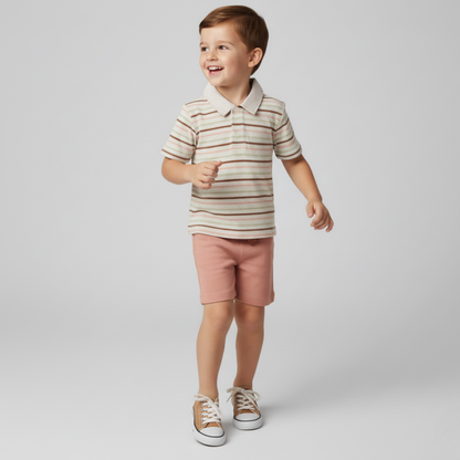 Organic Cotton Collar Tee & Shorts Set - Terra Stripes