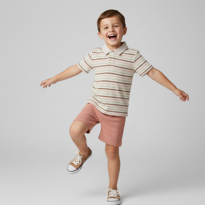 Organic Cotton Collar Tee & Shorts Set - Terra Stripes