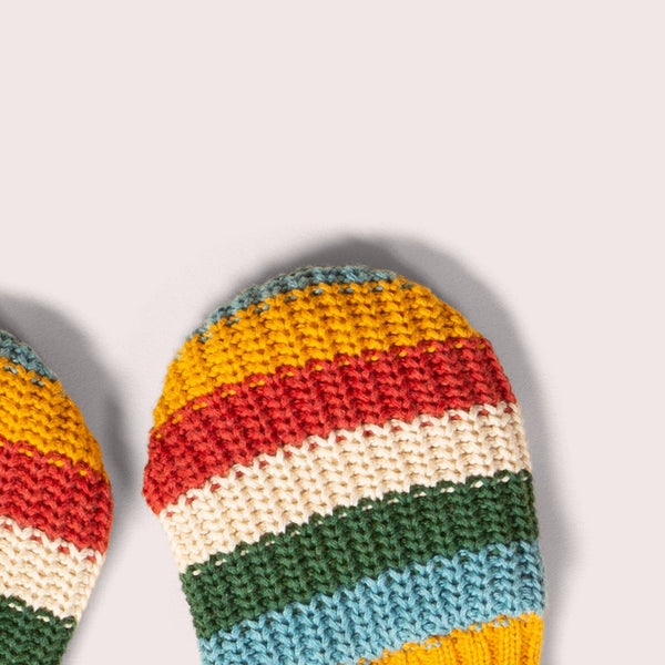 Little Green Radicals Organic Knitted mittens- rainbow stripe, closeup