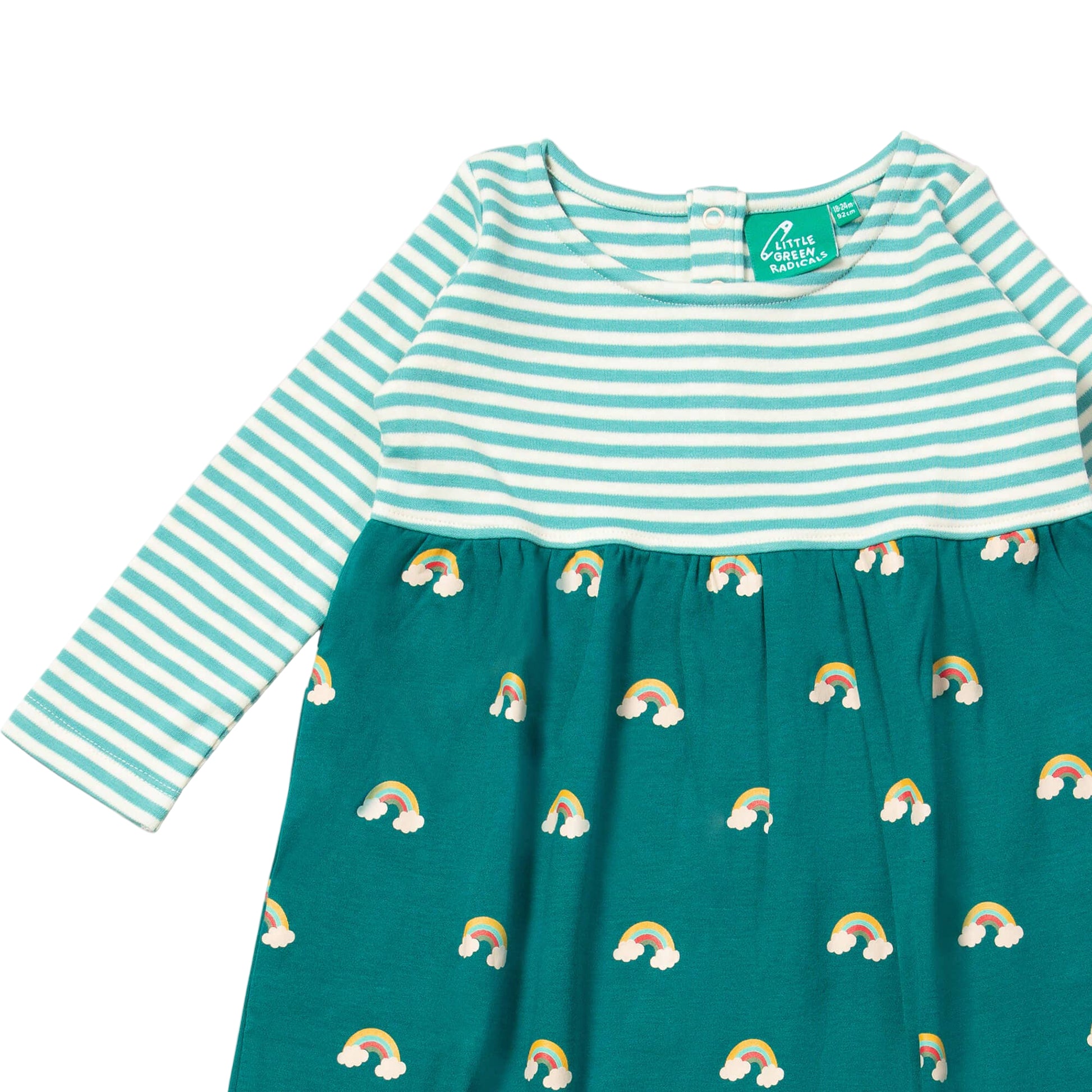 Little Green Radicals Organic Girls' Long-Sleeved Dress- Turquoise Rainbows