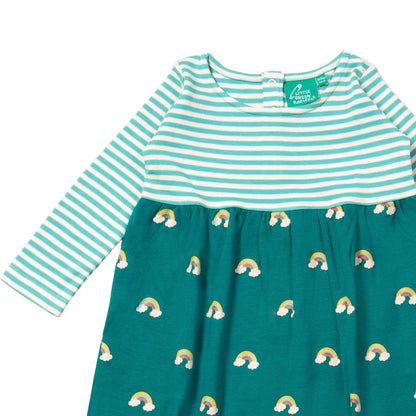 Little Green Radicals Organic Girls' Long-Sleeved Dress- Turquoise Rainbows