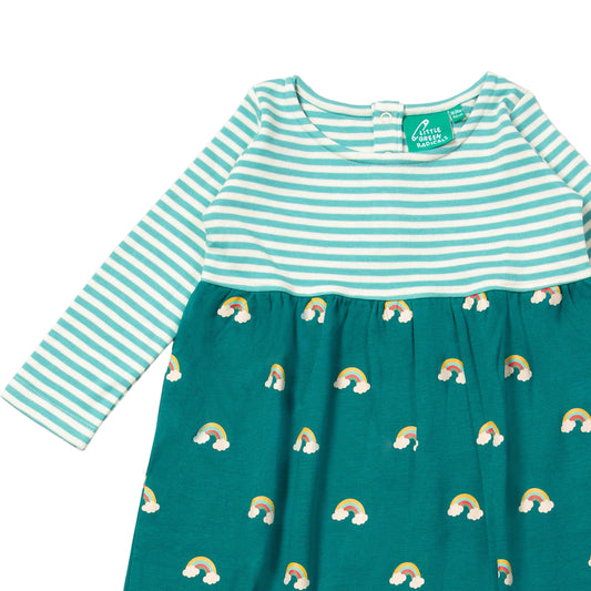 Little Green Radicals Organic Girls' Long-Sleeved Dress- Turquoise Rainbows