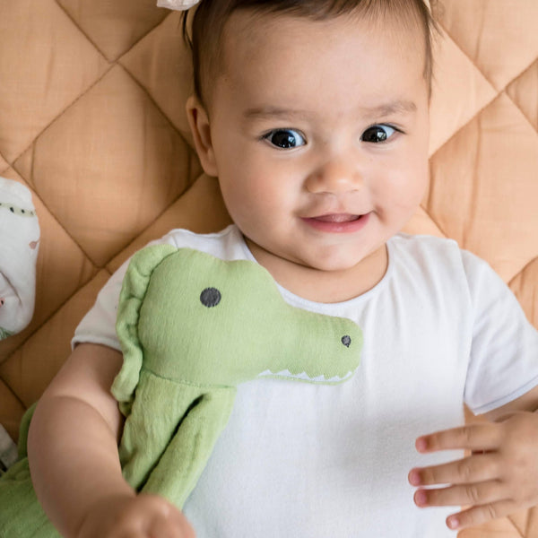 Baby with Tikiri Toys Organic Lovey with teether- crocodile