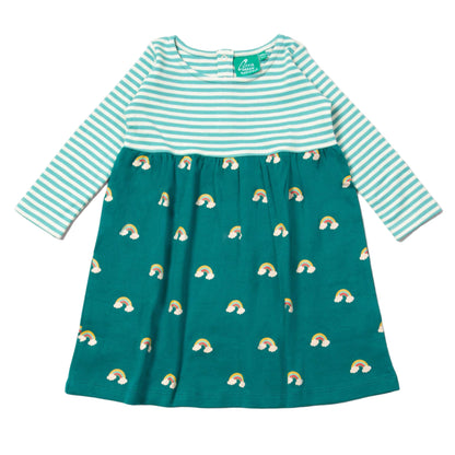 Little Green Radicals Organic Girls' Long-Sleeved Dress- Turquoise Rainbows