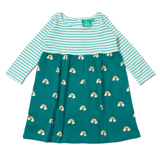 Little Green Radicals Organic Girls' Long-Sleeved Dress- Turquoise Rainbows